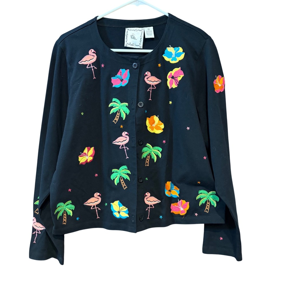 Michael Simon Lite Black Tropical Flamingo‎ Palm Tree Embroidered Cardigan XL